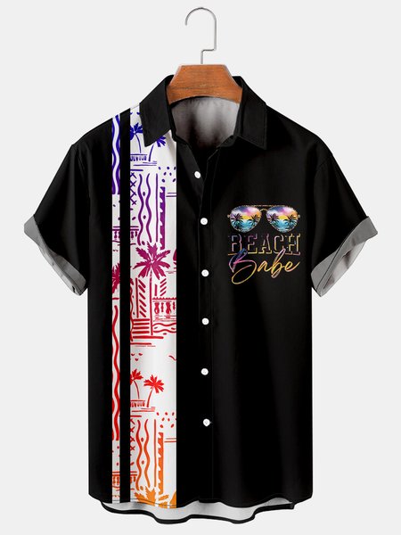 Resort Style Hawaiian Series Geometric Stripes And Coconut Tree Elements Lapel Short-Sleeved Shirt Print Top, Black, Men's Floral shirt
Resort Style Hawaiian Series Geometric Stripes And Coconut Tree Elements Lapel Short-Sleeved Shirt Print Top, Black, Men's Floral shirt