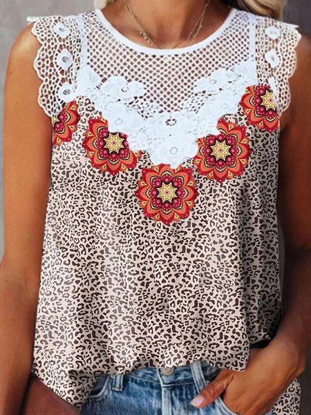 Boho Floral Leopard Casual Loosen Lace Patchwork Crew Neck Short Sleeve Tops, Flower, Tops