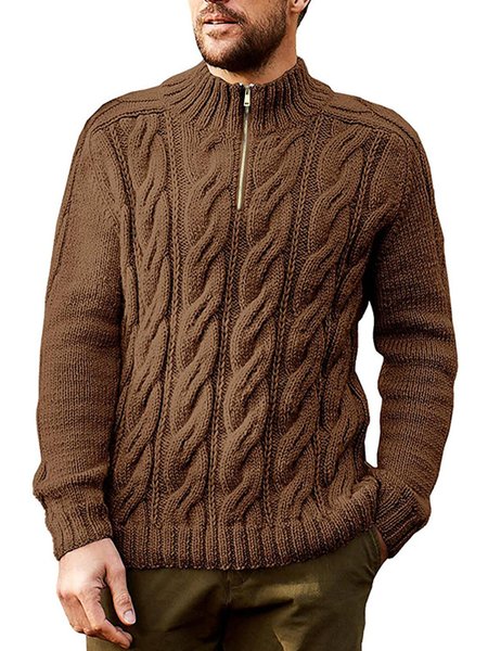 

Stand Collar Long Sleeve Basics Sweater, Brown, Men's Sweater