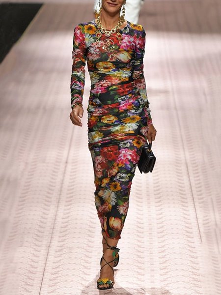 Floral Elegant Skinny Long Sleeve Midi Dress, Multicolor, Midi Dresses