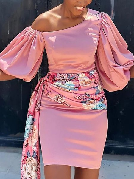 Asymmetrical Neck Elegant Slim Fit Bishop Sleeve Short Sleeve Knit Dress, Pink, Mini Dresses
