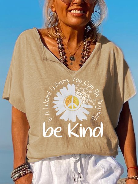 Be Kind Loosen Casual V Neck Short Sleeve Top, Khaki, T-shirts