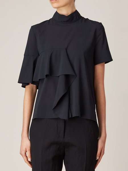 Simple Stand Collar Short Sleeve Top, Black, Tops