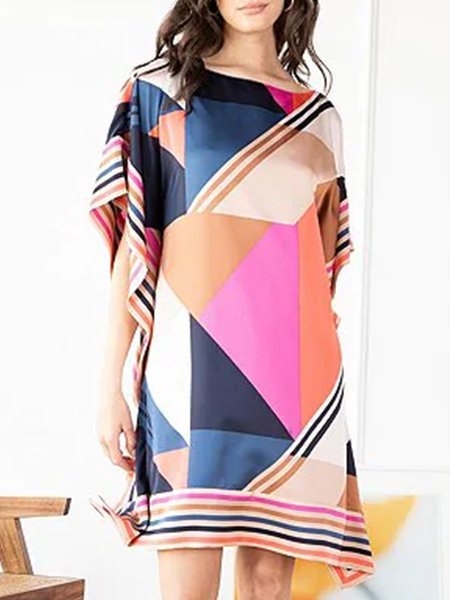 Loosen Vacation Geometric Short Sleeve Woven Dress, Orange, Mini Dresses