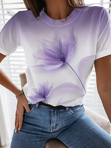 Floral Crew Neck Short Sleeve T-Shirt, Purple, T-Shirts