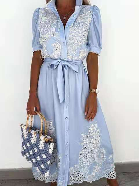 Floral Vacation Cotton Short Sleeve Woven Dress, Blue, Floral Dresses