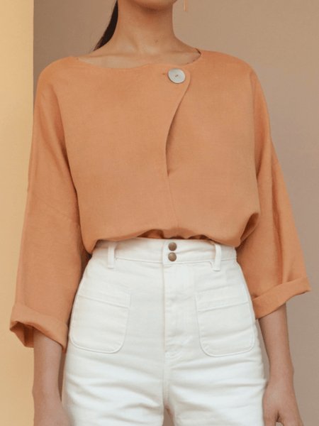 Summer Three Quarter Crew Neck Casual Long Sleeve Lightweight Tops, Orange, Blouses and Shirts