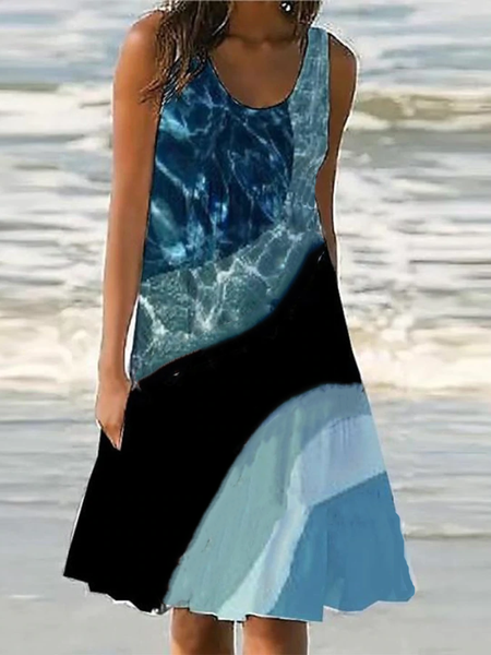 U-Neck Casual Printed Short Sleeve Knit Dress, Blue, Dresses