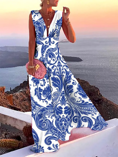 Plus size Boho Sleeveless Holiday Dress, Blue, Maxi Dresses