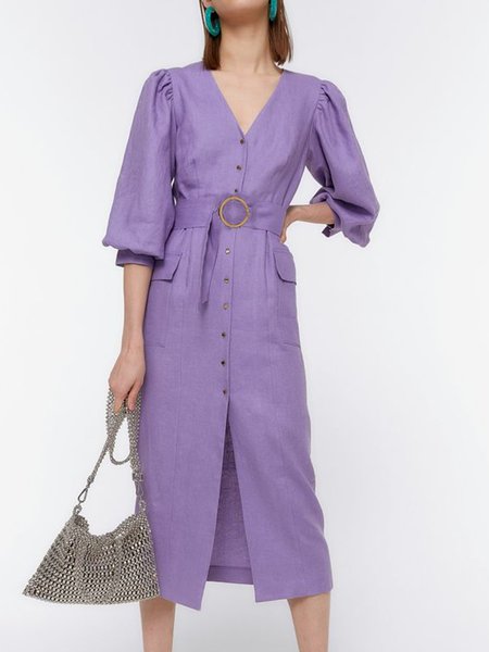 V neck Regular Fit Simple Three Quarter Woven Dress, Purple, Midi Dresses