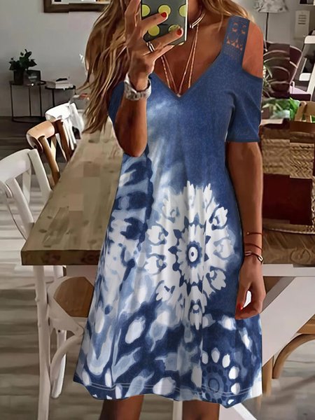 Tie Dye Regular Fit V Neck Lace Short Sleeve Knit Dress, Deep blue, Dresses 
Tie Dye Regular Fit V Neck Lace Short Sleeve Knit Dress, Deep blue, Dresses