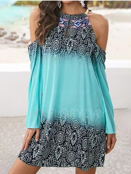 Cotton Regular Fit Long Sleeve Woven Dress, Blue, Summer Dresses