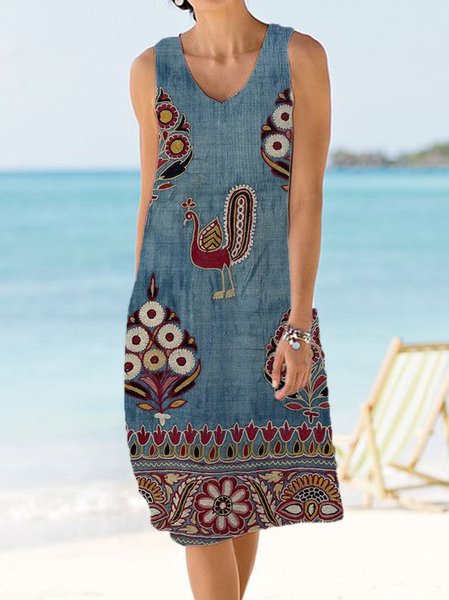 Geometric Tribal Printed Casual Short Sleeve Knit Dress, Blue, Dresses