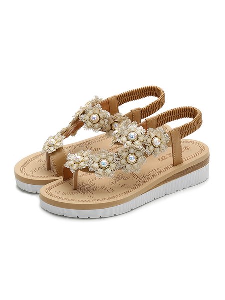 Pearl Crystal Lace Floral Thong Sandals, Apricot, Sandals & Slippers