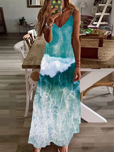 Vacation Casual Ombre Printing Sleeveless A-line V-neck Maxi Dress, Blue, Dresses
Vacation Casual Ombre Printing Sleeveless A-line V-neck Maxi Dress, Blue, Dresses