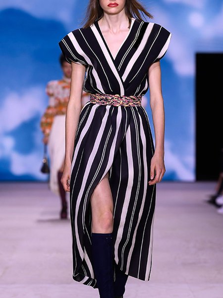 Striped Elegant V Neck Short Sleeve Woven Dress, Black, Midi Dresses