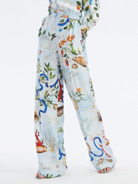 Daily Floral Regular Fit Pants, Blue, Wide Leg Pants