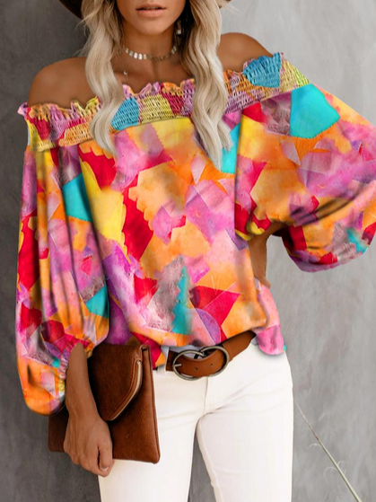 Casual Boat Neck Abstract Long Sleeve Tops, Multicolor, Shirts & Blouses