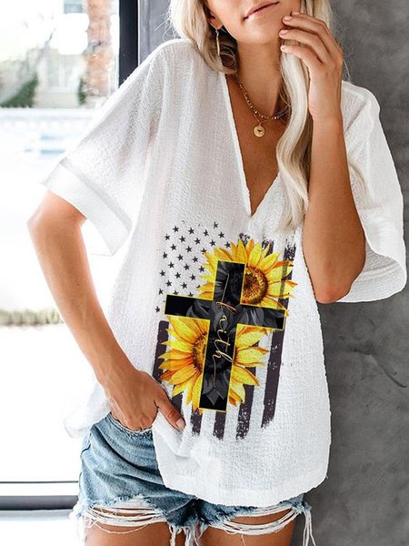 Floral Loosen V Neck Casual Short Sleeve Tops, White, T-Shirts