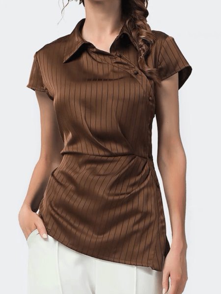 Summer Lightweight Short sleeve Elegant Striped Shirt Collar Short Sleeve Tops, Brown, Tops
Summer Lightweight Short sleeve Elegant Striped Shirt Collar Short Sleeve Tops, Brown, Tops