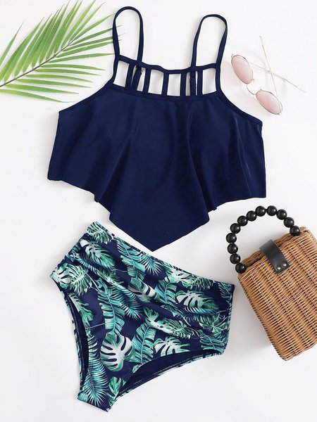 Women's Beach Party Sexy Hollow Leaf Print Showing Thin Cover Belly Tankini Split Suit, Blue, swimwear>>Bikini Sets