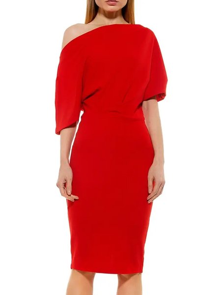 Boat Neck Short Sleeve Fitted Dress, Red, Midi Dresses