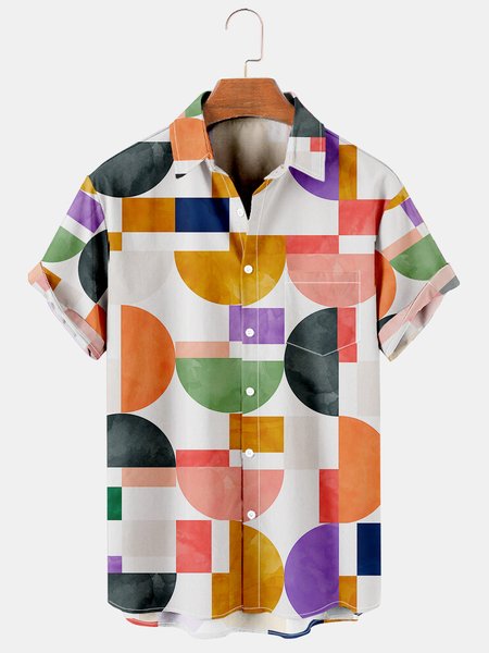 Geometric Men's Casual Short Sleeve Shirt, Yellow, Men's Floral shirt