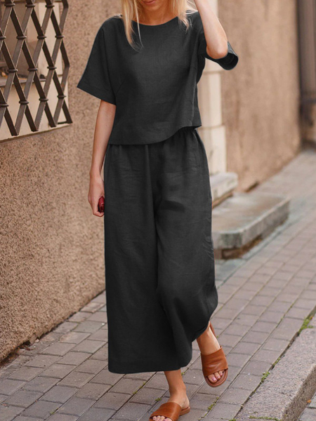 Cotton Plain Two Piece Sets, Black, Suit Set
