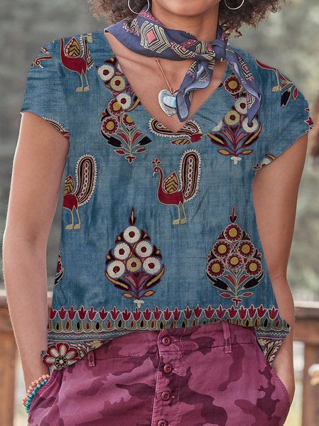 V Neck Tribal Printed Short Sleeve T-Shirt, Blue, T-Shirts