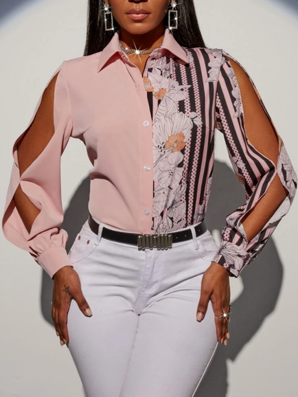 Shirt Collar Loosen Casual Long Sleeve Blouse, Pink, Shirts & Blouses