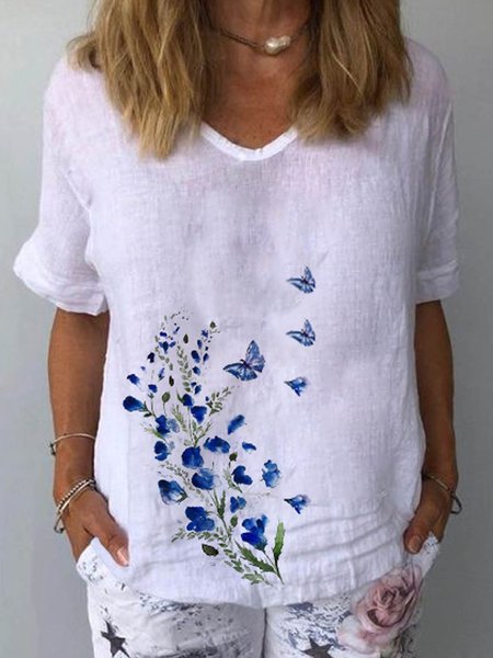Linen Floral Printed Cotton Casual Loosen V Neck Short Sleeve Tops, White, Tops