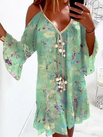 Ruffle Sleeve V Neck Long Sleeve Woven Dress, Green, Dresses