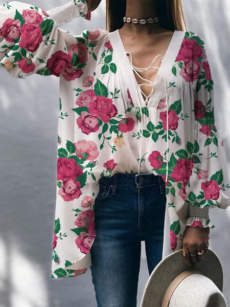 Vacation Floral Loosen Long Sleeve Top, White, Tops