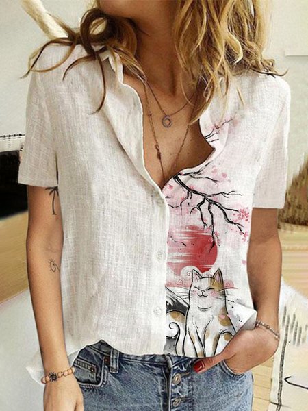 Cat Floral Print Regular Fit Casual Short Sleeve Blouse, White, Blouses & Shirts