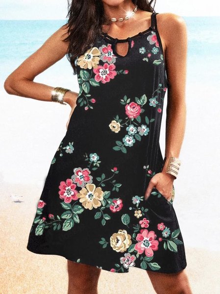 Floral Loosen Crew Neck Short Sleeve Knit Dress, Black, Dresses