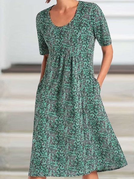 Polka Dots Casual U-Neck Short Sleeve Woven Dress, Green, Dresses