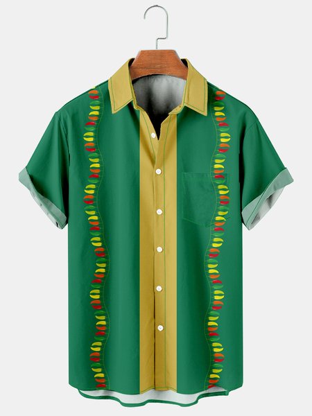 Mens Cinco de Mayo Chili Print Casual Breathable Bowling Shirt, Green, Men's Floral shirt