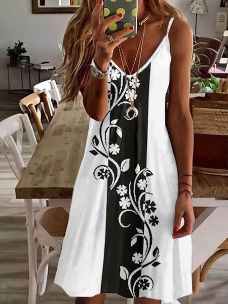 Vacation Geometric Color Block Floral Casual Loosen Spaghetti Sleeveless Midi Knit Dress, White, Mini Dresses