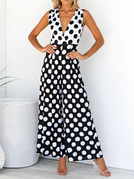 Regular Fit Polka Dots V Neck Jumpsuit, Black-white, Jumpsuits