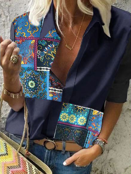 Casual Shirt Collar Tribal Loosen Short Sleeve Tops, Dark blue, T-Shirts
Casual Shirt Collar Tribal Loosen Short Sleeve Tops, Dark blue, T-Shirts