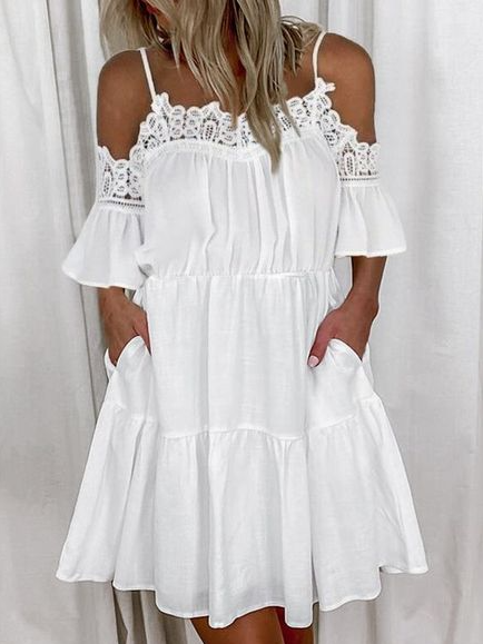 Cotton Blends Vacation Short Sleeve Woven Dress, White, Dresses