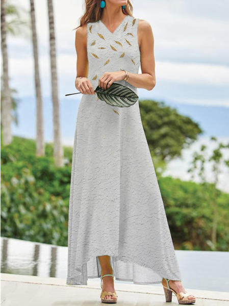 Plants V Neck Casual Sleeveless Knit Dress, Gray, Dresses