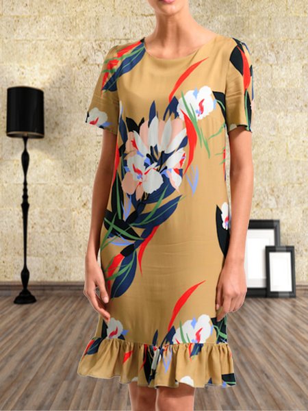 Crew Neck Loosen Casual Short Sleeve Woven Dress, Mustard, Dresses