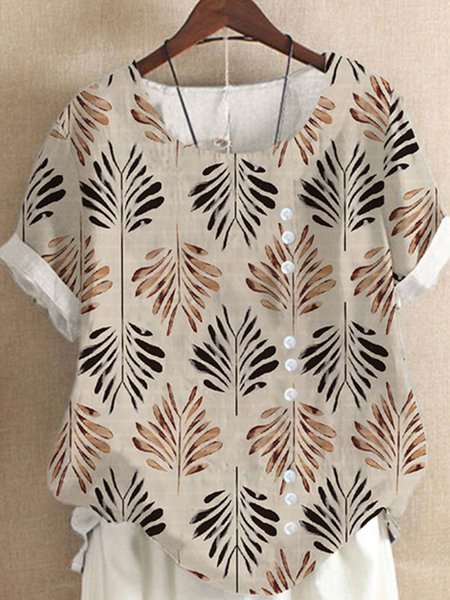 Loosen Crew Neck Floral Short Sleeve Tops, White, T-Shirts