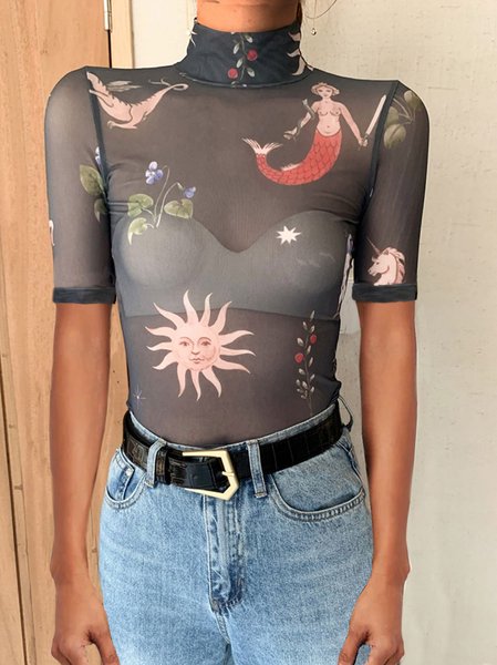 Floral Casual Short Sleeve Fitted T-Shirt, Black, Tees