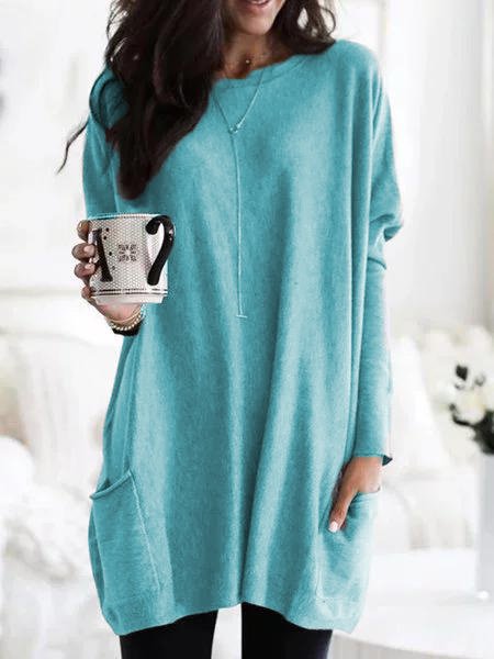 JFN Round Neck Solid Causal Tunic Top, Blue, Sweatshirts & Hoodies