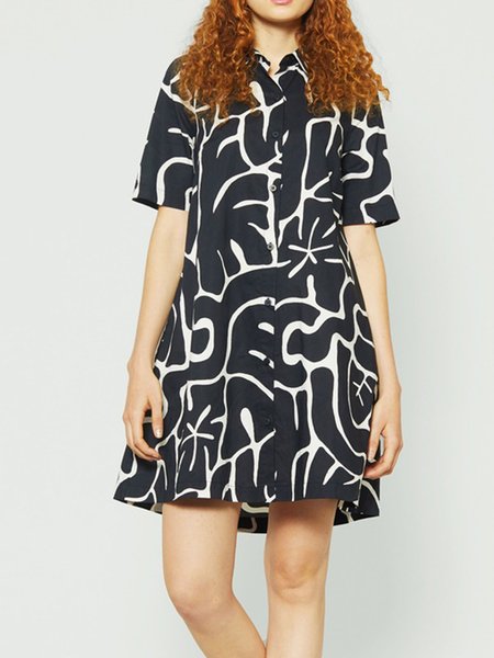 Geometric Loosen Casual Short Sleeve Woven Dress, Black, Mini Dresses