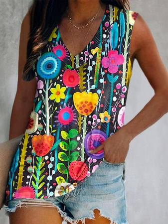 

Floral Vacation Cotton Blends Knit, Multicolor, Tanks & Camis