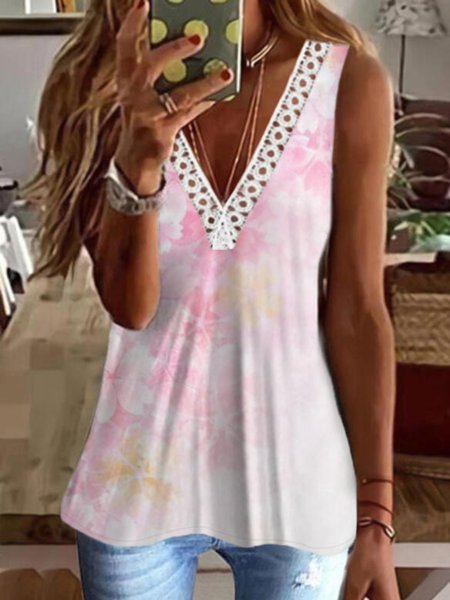 Casual Floral Sleeveless V Neck Plus Size Printed Tank Top Vests, Pink, Tank Top