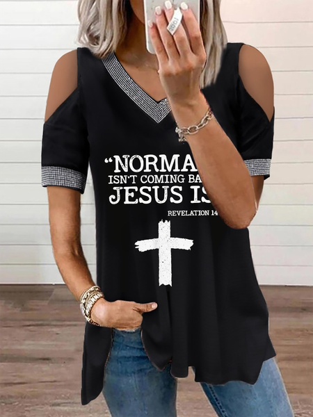 JESUS REVELATTON Printed Off Shoulder V Neck Short Sleeve Tops, Black, T-Shirts
JESUS REVELATTON Printed Off Shoulder V Neck Short Sleeve Tops, Black, T-Shirts